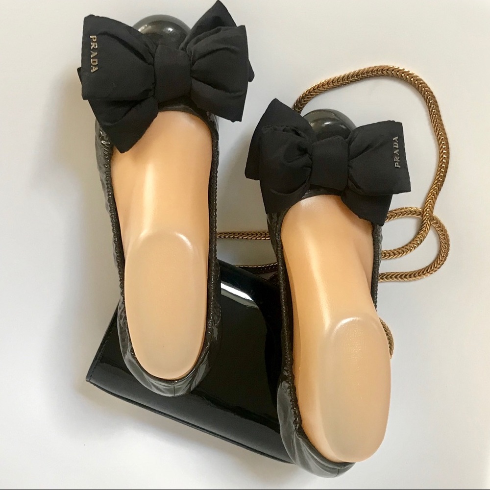 Prada Ballet Flats Patent Leather Bow Dark Green